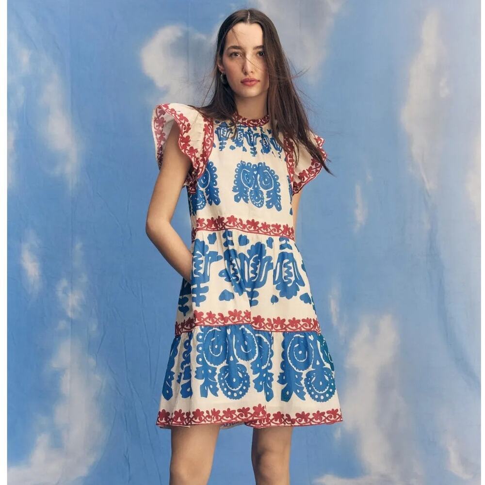 Sea New York Mixed Media Print Dress Flutter Sleeve Mini Trapeze Multicolor S